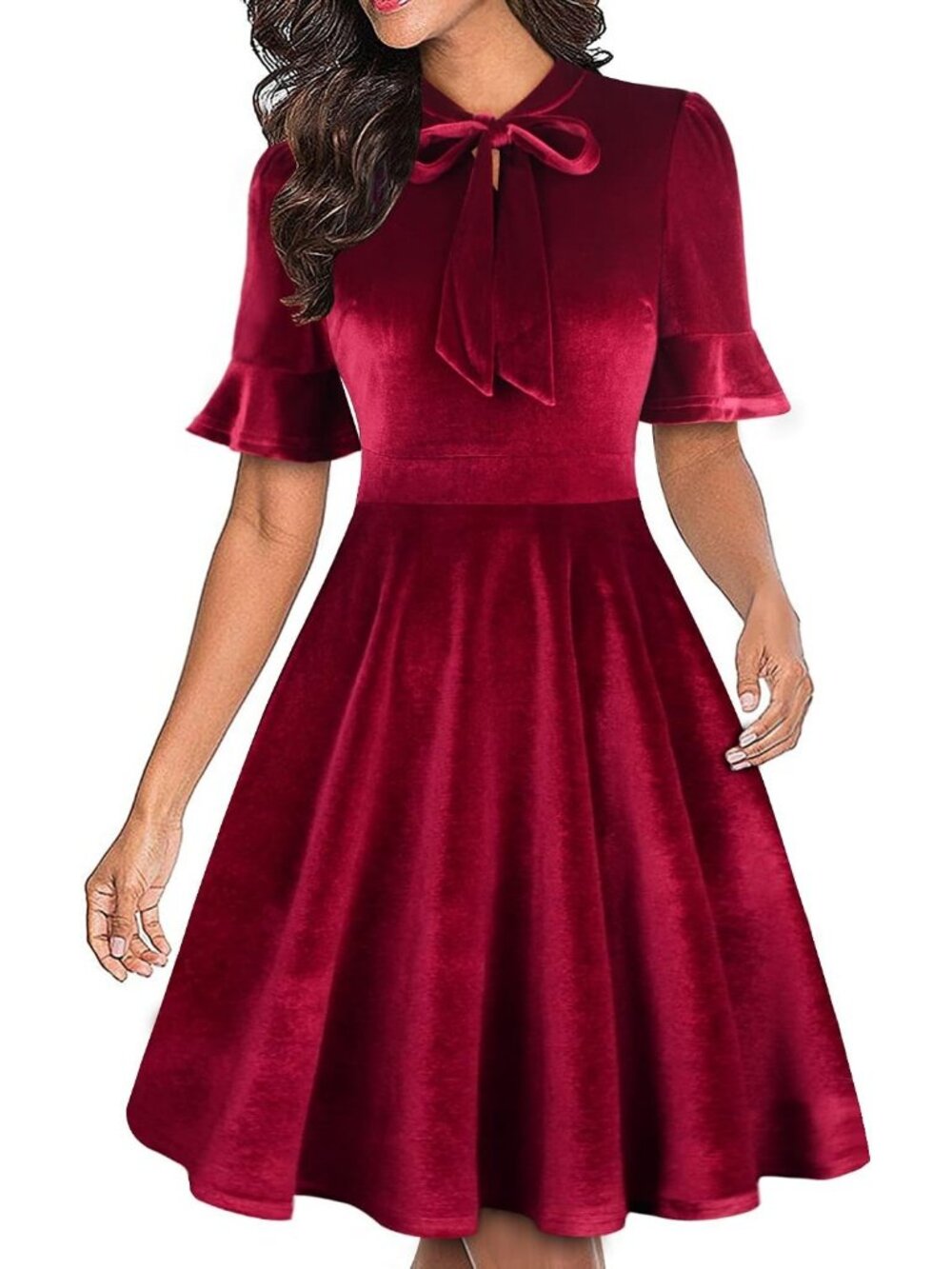 Women's Velvet Red Classic Tie Neck Summer Short Sleeve Knee Length Mid Dresses